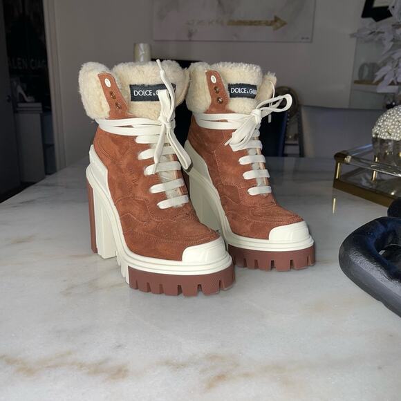 New Dolce & Gabbana Trekking Shearling Biker Ankle Boots in Burnt Brown/Neutral - Picture 4 of 12